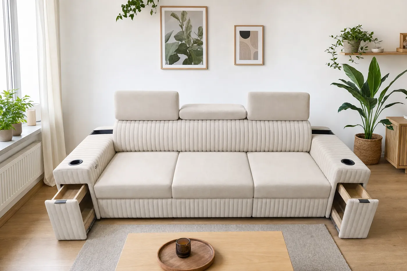 Sofa Alfa z otwartymi szufladami w jasnym salonie z roślinami