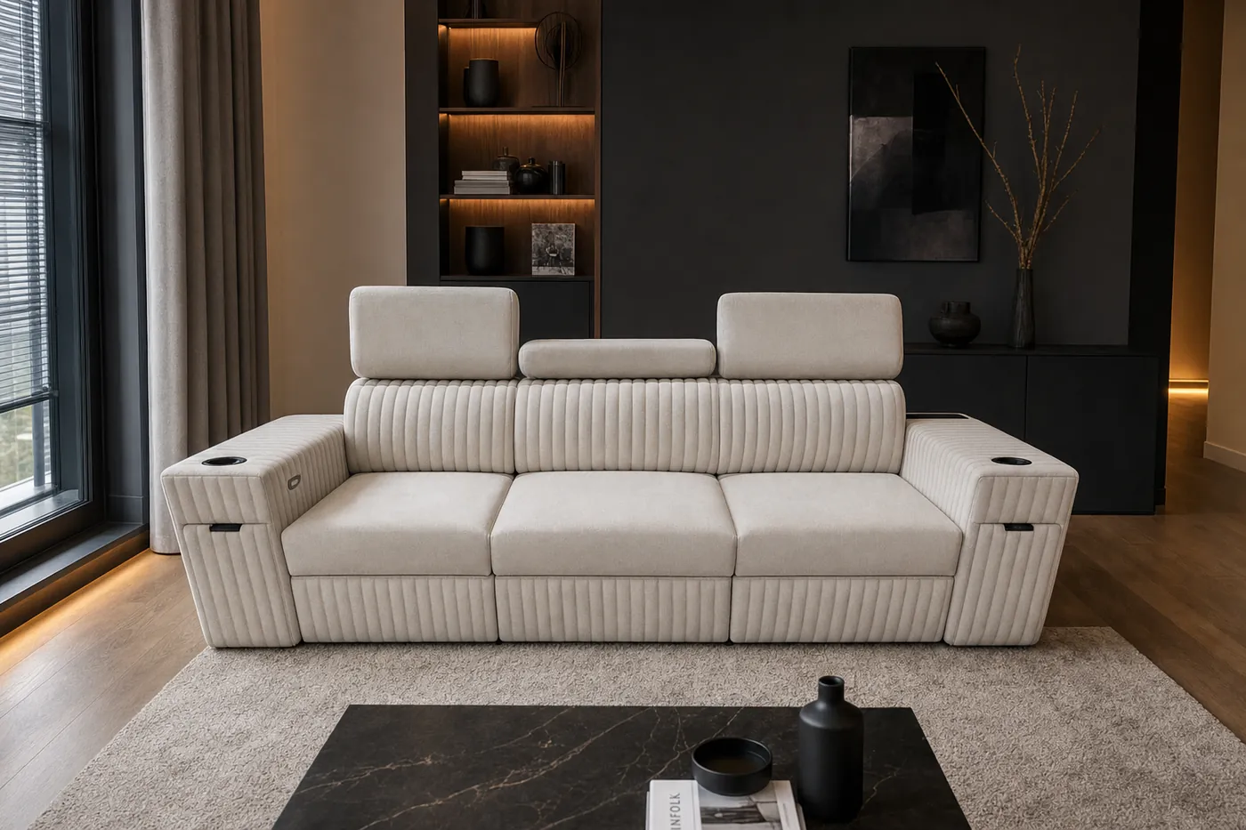 Sofa Alfa z zamkniętymi szufladami w ciemnym apartamencie