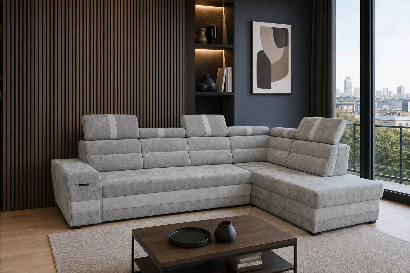 Szara sofa narożna w apartamencie z lamelami i panoramą miasta