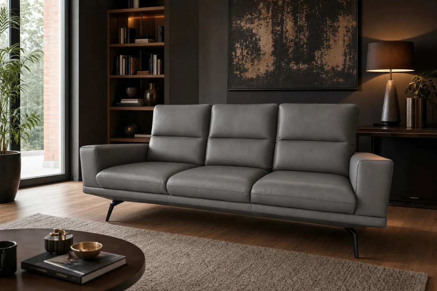 Sofa ze skóry naturalnej w ciemnym salonie z regałem